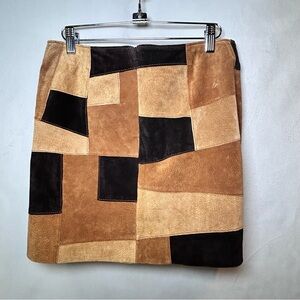 BB Dakota Patchwork Suede Leather Boho Mini Skirt Brown Black Tan. Size 5